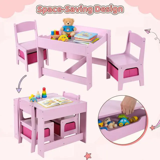 Alt view image 6 of 6 - Kids Table and Chair Set, 4 in 1 Wooden Children Activity Table w/Storage, Reversible Deskboard, Blackboard, Detachable Tabletop for Toddlers Art Crafts, Playroom, Drawing, Reading Pink