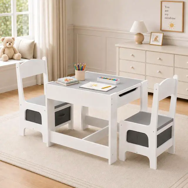 Main image of Kids Table and Chair Set, 4 in 1 Wooden Children Activity Table w/Storage, Reversible Deskboard, Blackboard, Detachable Tabletop for Toddlers Art Crafts, Playroom, Drawing, Reading Grey