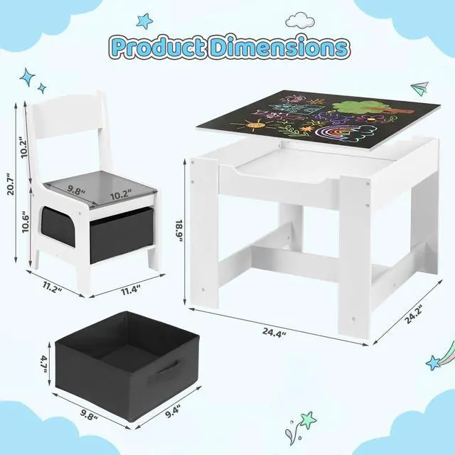 Alt view image 2 of 6 - Kids Table and Chair Set, 4 in 1 Wooden Children Activity Table w/Storage, Reversible Deskboard, Blackboard, Detachable Tabletop for Toddlers Art Crafts, Playroom, Drawing, Reading Grey