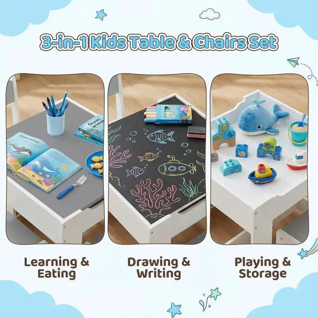 Alt view image 5 of 6 - Kids Table and Chair Set, 4 in 1 Wooden Children Activity Table w/Storage, Reversible Deskboard, Blackboard, Detachable Tabletop for Toddlers Art Crafts, Playroom, Drawing, Reading Grey