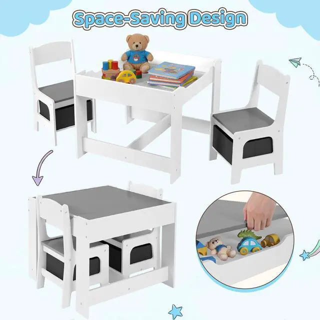 Alt view image 6 of 6 - Kids Table and Chair Set, 4 in 1 Wooden Children Activity Table w/Storage, Reversible Deskboard, Blackboard, Detachable Tabletop for Toddlers Art Crafts, Playroom, Drawing, Reading Grey