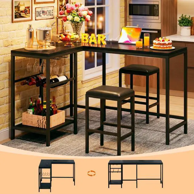 Main image of Bar Table and Chairs Set for 2-4, 3-Piece Convertible L-Shaped Dining Set with Storage Shelves & Cup Holder & Wine Rack, 63'' Corner Kitchen Table Set with 2 PU Cushion Stools & Power Outlets, Black