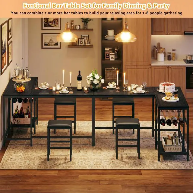 Alt view image 2 of 6 - Bar Table and Chairs Set for 2-4, 3-Piece Convertible L-Shaped Dining Set with Storage Shelves & Cup Holder & Wine Rack, 63'' Corner Kitchen Table Set with 2 PU Cushion Stools & Power Outlets, Black