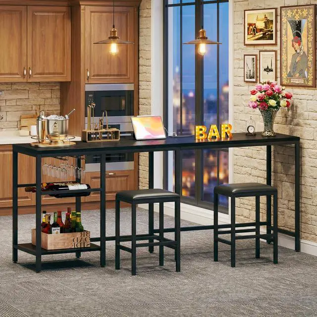 Alt view image 3 of 6 - Bar Table and Chairs Set for 2-4, 3-Piece Convertible L-Shaped Dining Set with Storage Shelves & Cup Holder & Wine Rack, 63'' Corner Kitchen Table Set with 2 PU Cushion Stools & Power Outlets, Black