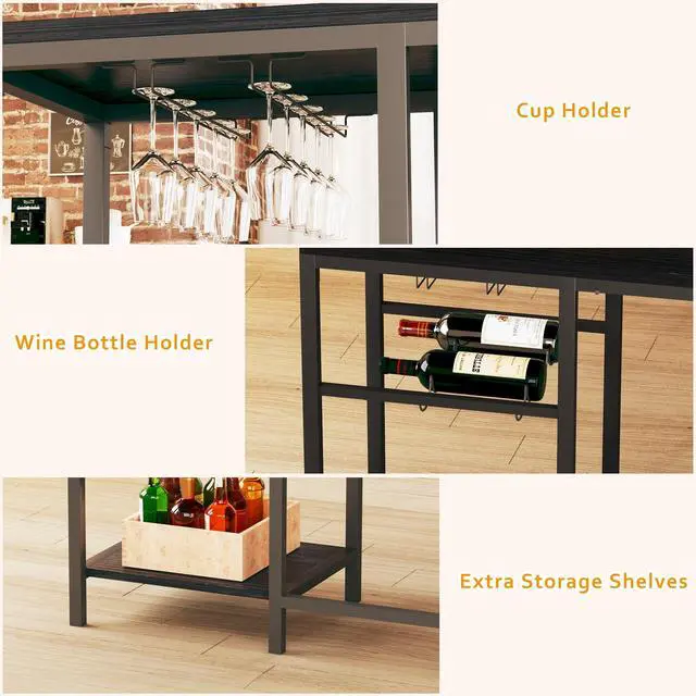 Alt view image 4 of 6 - Bar Table and Chairs Set for 2-4, 3-Piece Convertible L-Shaped Dining Set with Storage Shelves & Cup Holder & Wine Rack, 63'' Corner Kitchen Table Set with 2 PU Cushion Stools & Power Outlets, Black