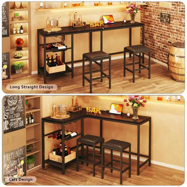 Alt view image 5 of 6 - Bar Table and Chairs Set for 2-4, 3-Piece Convertible L-Shaped Dining Set with Storage Shelves & Cup Holder & Wine Rack, 63'' Corner Kitchen Table Set with 2 PU Cushion Stools & Power Outlets, Black