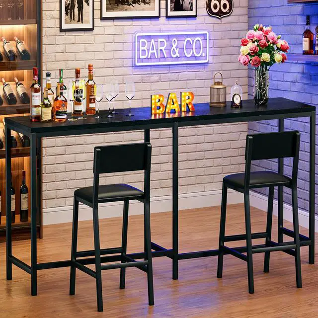Main image of Bar Table and Chairs Set, 3 Piece Convertible L-Shaped Kitchen Table with 2 PU Leather Bar Stools, 63 Counter Height Small Dining Table with Power Outlets, Space Saving, Breakfast Nook Corner, Black