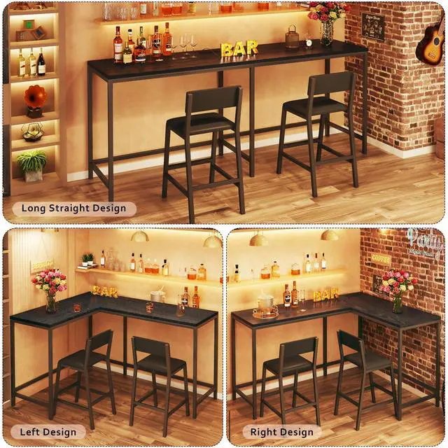 Alt view image 2 of 6 - Bar Table and Chairs Set, 3 Piece Convertible L-Shaped Kitchen Table with 2 PU Leather Bar Stools, 63 Counter Height Small Dining Table with Power Outlets, Space Saving, Breakfast Nook Corner, Black