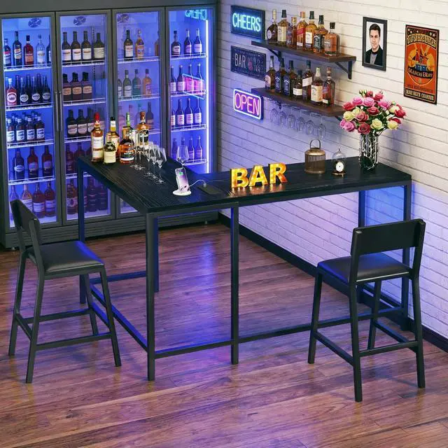 Alt view image 3 of 6 - Bar Table and Chairs Set, 3 Piece Convertible L-Shaped Kitchen Table with 2 PU Leather Bar Stools, 63 Counter Height Small Dining Table with Power Outlets, Space Saving, Breakfast Nook Corner, Black