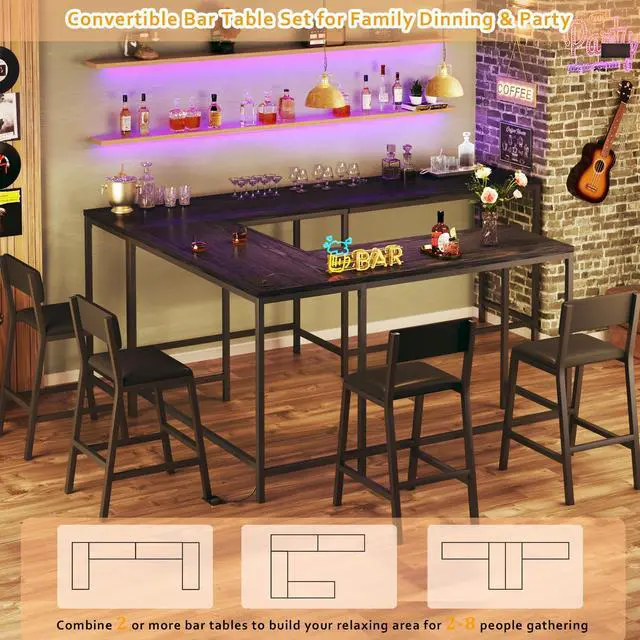 Alt view image 4 of 6 - Bar Table and Chairs Set, 3 Piece Convertible L-Shaped Kitchen Table with 2 PU Leather Bar Stools, 63 Counter Height Small Dining Table with Power Outlets, Space Saving, Breakfast Nook Corner, Black