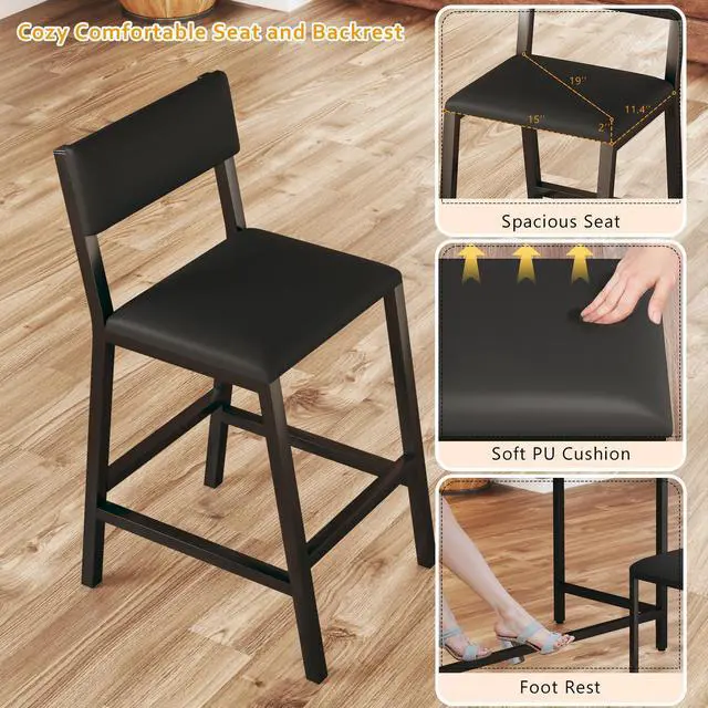 Alt view image 5 of 6 - Bar Table and Chairs Set, 3 Piece Convertible L-Shaped Kitchen Table with 2 PU Leather Bar Stools, 63 Counter Height Small Dining Table with Power Outlets, Space Saving, Breakfast Nook Corner, Black