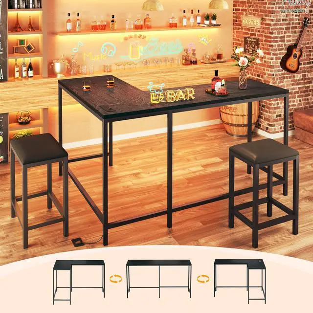Main image of Bar Table and Chairs Set for 2-4, 63'' Convertible L-Shaped Kitchen Table with Power Outlets, 3 Piece Counter Height Small Dining Table with 2 Stools, Space Saving, Breakfast Nook Corner, Black