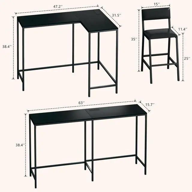 Alt view image 2 of 6 - Bar Table and Chairs Set for 2-4, 63'' Convertible L-Shaped Kitchen Table with Power Outlets, 3 Piece Counter Height Small Dining Table with 2 Stools, Space Saving, Breakfast Nook Corner, Black