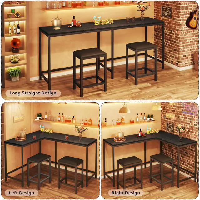 Alt view image 3 of 6 - Bar Table and Chairs Set for 2-4, 63'' Convertible L-Shaped Kitchen Table with Power Outlets, 3 Piece Counter Height Small Dining Table with 2 Stools, Space Saving, Breakfast Nook Corner, Black