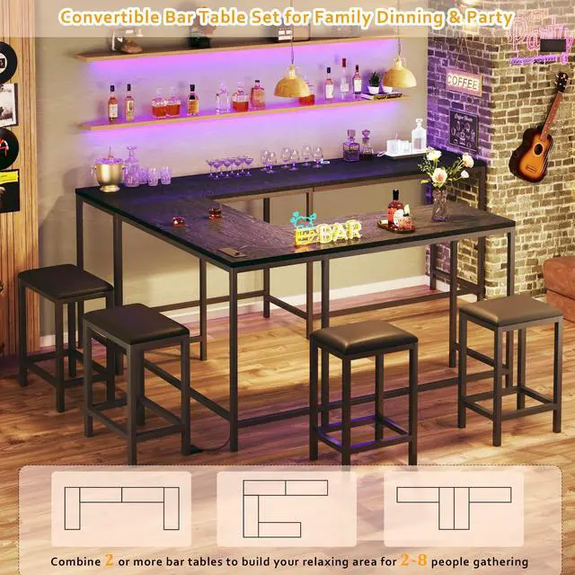 Alt view image 5 of 6 - Bar Table and Chairs Set for 2-4, 63'' Convertible L-Shaped Kitchen Table with Power Outlets, 3 Piece Counter Height Small Dining Table with 2 Stools, Space Saving, Breakfast Nook Corner, Black