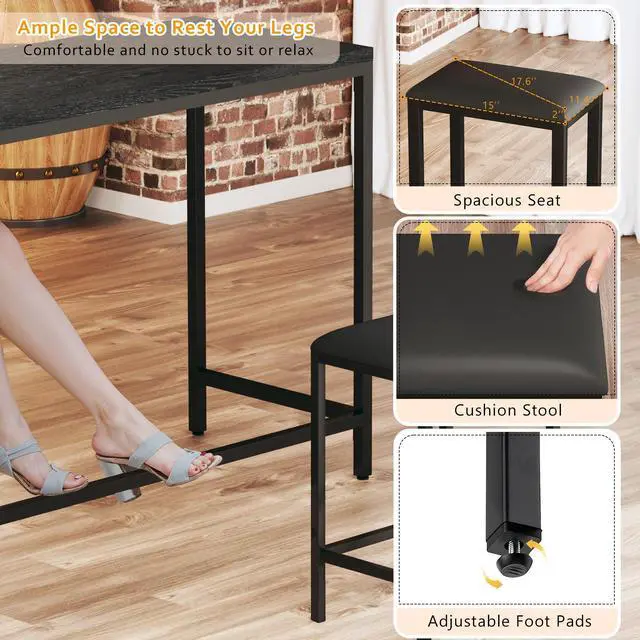Alt view image 6 of 6 - Bar Table and Chairs Set for 2-4, 63'' Convertible L-Shaped Kitchen Table with Power Outlets, 3 Piece Counter Height Small Dining Table with 2 Stools, Space Saving, Breakfast Nook Corner, Black