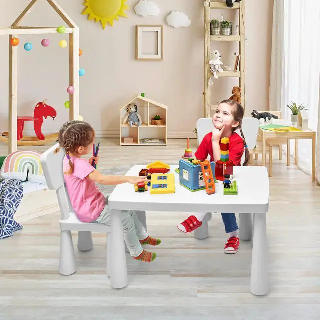 Alt view image 2 of 6 - Kids Table and Chair Set, Plastic Children Activity Table and 2 Chairs for Art Craft, Easy-Clean Tabletop, 3-Piece Toddler Furniture Set for Daycare Playroom, Gift for Boys Girls(White)