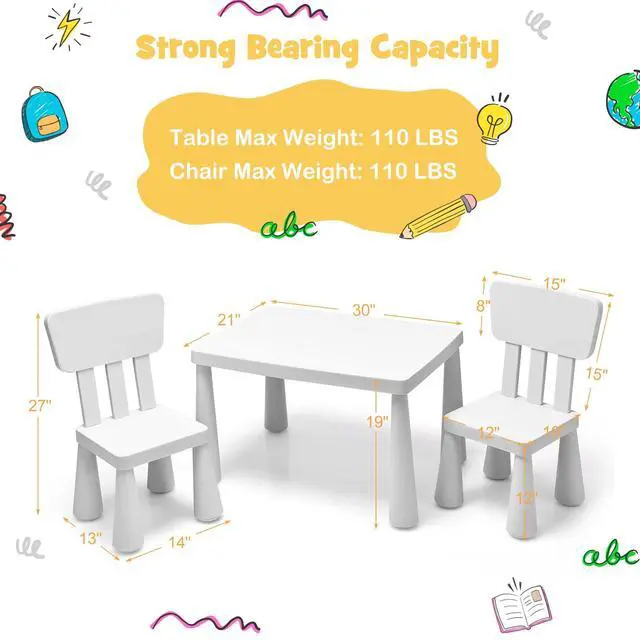 Alt view image 6 of 6 - Kids Table and Chair Set, Plastic Children Activity Table and 2 Chairs for Art Craft, Easy-Clean Tabletop, 3-Piece Toddler Furniture Set for Daycare Playroom, Gift for Boys Girls(White)
