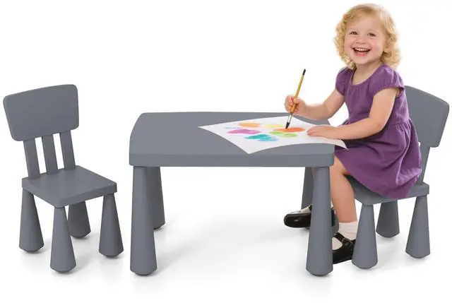 Main image of Kids Table and Chair Set, Plastic Children Activity Table and 2 Chairs for Art Craft, Easy-Clean Tabletop, 3-Piece Toddler Furniture Set for Daycare Playroom, Gift for Boys Girls (Grey)