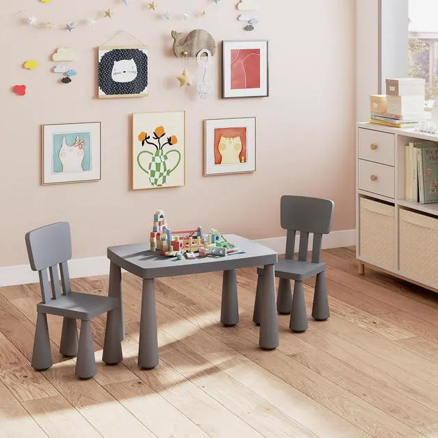 Alt view image 2 of 6 - Kids Table and Chair Set, Plastic Children Activity Table and 2 Chairs for Art Craft, Easy-Clean Tabletop, 3-Piece Toddler Furniture Set for Daycare Playroom, Gift for Boys Girls (Grey)