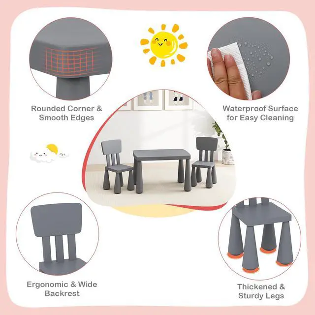 Alt view image 3 of 6 - Kids Table and Chair Set, Plastic Children Activity Table and 2 Chairs for Art Craft, Easy-Clean Tabletop, 3-Piece Toddler Furniture Set for Daycare Playroom, Gift for Boys Girls (Grey)