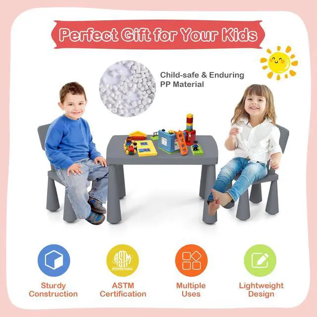 Alt view image 5 of 6 - Kids Table and Chair Set, Plastic Children Activity Table and 2 Chairs for Art Craft, Easy-Clean Tabletop, 3-Piece Toddler Furniture Set for Daycare Playroom, Gift for Boys Girls (Grey)