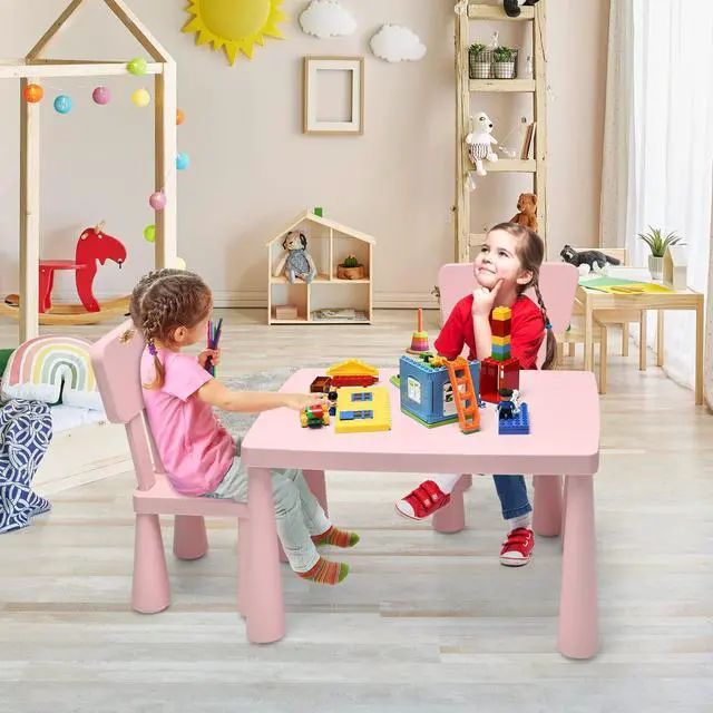 Alt view image 2 of 6 - Kids Table and Chair Set, Plastic Children Activity Table and 2 Chairs for Art Craft, Easy-Clean Tabletop, 3-Piece Toddler Furniture Set for Daycare Playroom, Gift for Boys Girls(Pink)