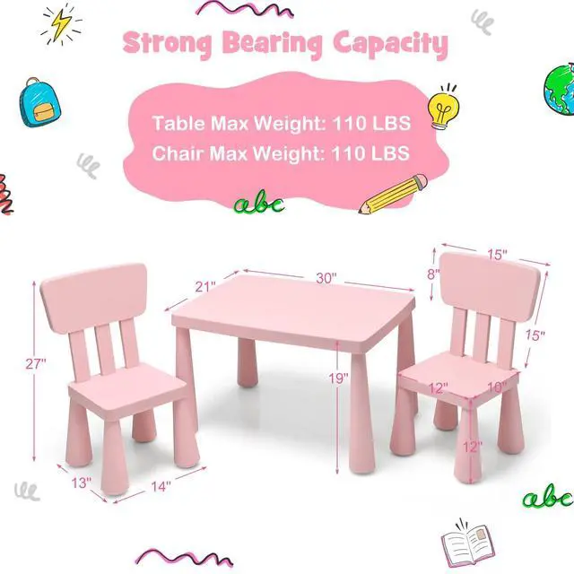 Alt view image 6 of 6 - Kids Table and Chair Set, Plastic Children Activity Table and 2 Chairs for Art Craft, Easy-Clean Tabletop, 3-Piece Toddler Furniture Set for Daycare Playroom, Gift for Boys Girls(Pink)