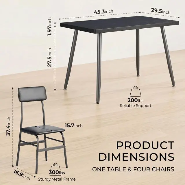 Alt view image 2 of 6 - Dining Table Set for 4, Wood Kitchen Table with Upholstered Chairs for Kitchen Room and Small Spaces, Comedor de 4 Sillas y Mesa, Black