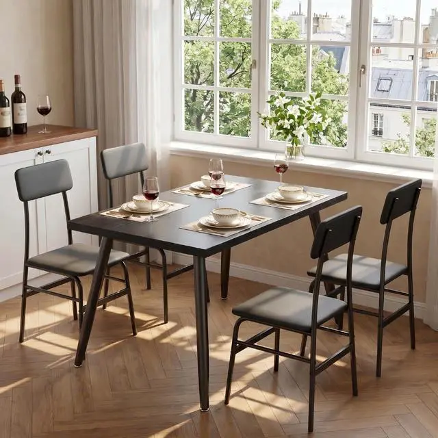 Alt view image 3 of 6 - Dining Table Set for 4, Wood Kitchen Table with Upholstered Chairs for Kitchen Room and Small Spaces, Comedor de 4 Sillas y Mesa, Black