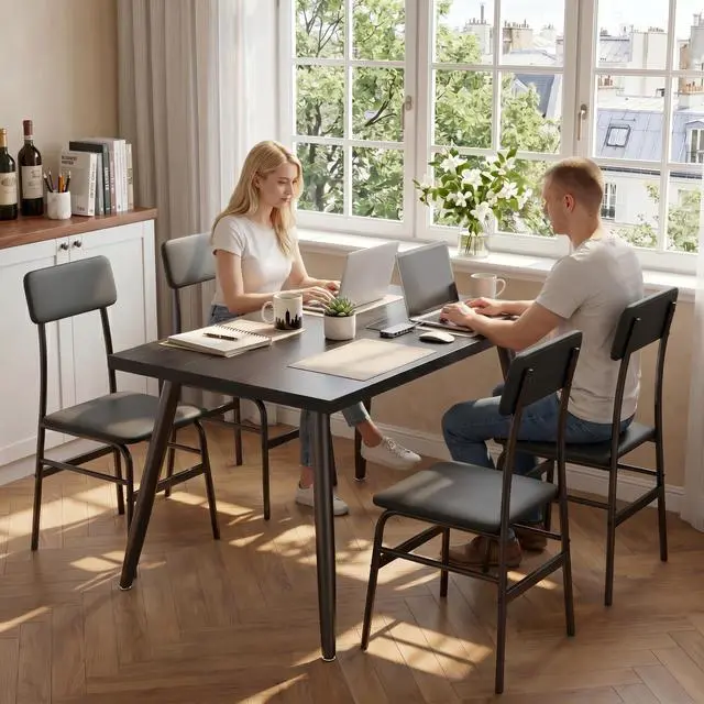 Alt view image 4 of 6 - Dining Table Set for 4, Wood Kitchen Table with Upholstered Chairs for Kitchen Room and Small Spaces, Comedor de 4 Sillas y Mesa, Black