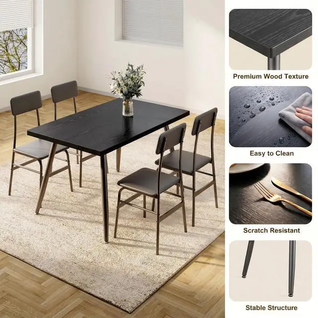 Alt view image 6 of 6 - Dining Table Set for 4, Wood Kitchen Table with Upholstered Chairs for Kitchen Room and Small Spaces, Comedor de 4 Sillas y Mesa, Black