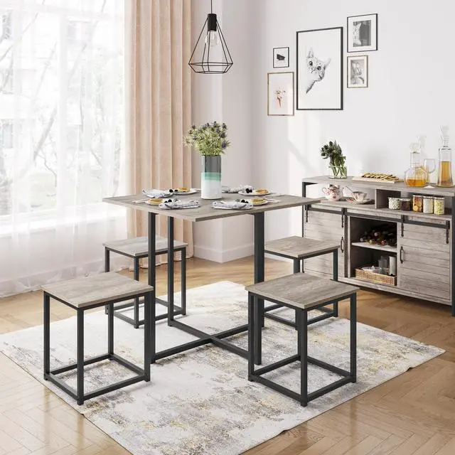 Alt view image 2 of 6 - Dining Table Set for 4 Industrial Kitchen Table with 4 Chairs, Space-Saving Design for Apartment, Small Space, Breakfast Nook, Gray
