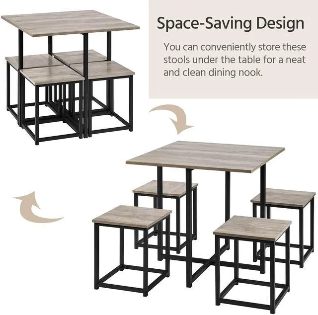 Alt view image 4 of 6 - Dining Table Set for 4 Industrial Kitchen Table with 4 Chairs, Space-Saving Design for Apartment, Small Space, Breakfast Nook, Gray