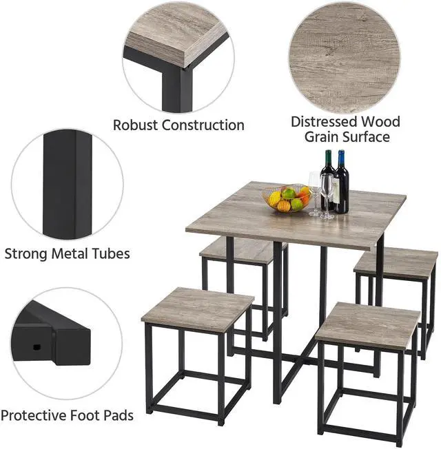 Alt view image 5 of 6 - Dining Table Set for 4 Industrial Kitchen Table with 4 Chairs, Space-Saving Design for Apartment, Small Space, Breakfast Nook, Gray