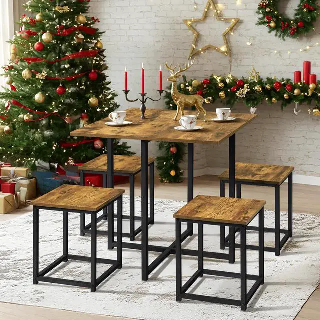 Main image of Industrial Dining Table Set for 4 Compact Kitchen Table and 4 Stools Space Saving Home Furniture for Small Space, Rustic Brown