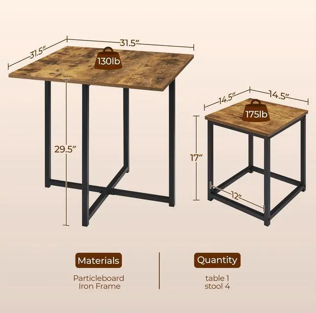 Alt view image 2 of 6 - Industrial Dining Table Set for 4 Compact Kitchen Table and 4 Stools Space Saving Home Furniture for Small Space, Rustic Brown