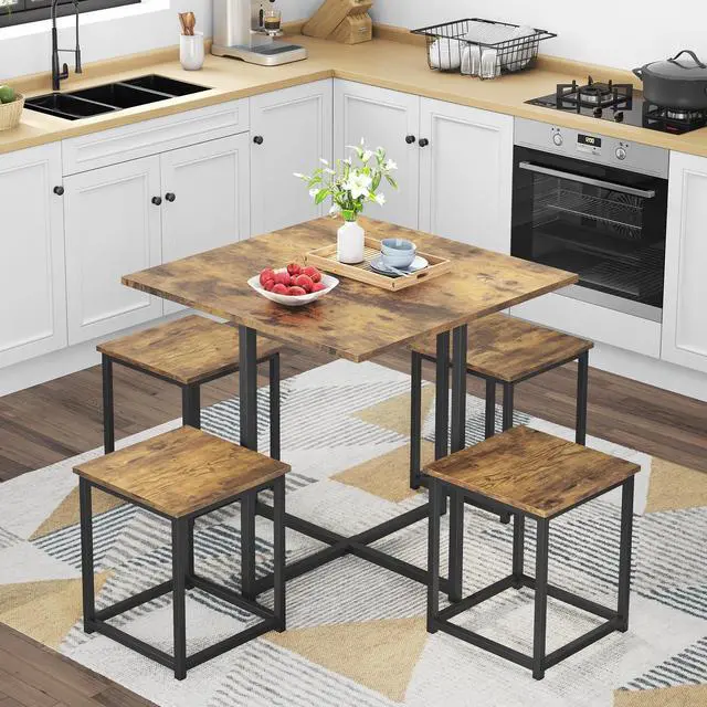 Alt view image 3 of 6 - Industrial Dining Table Set for 4 Compact Kitchen Table and 4 Stools Space Saving Home Furniture for Small Space, Rustic Brown