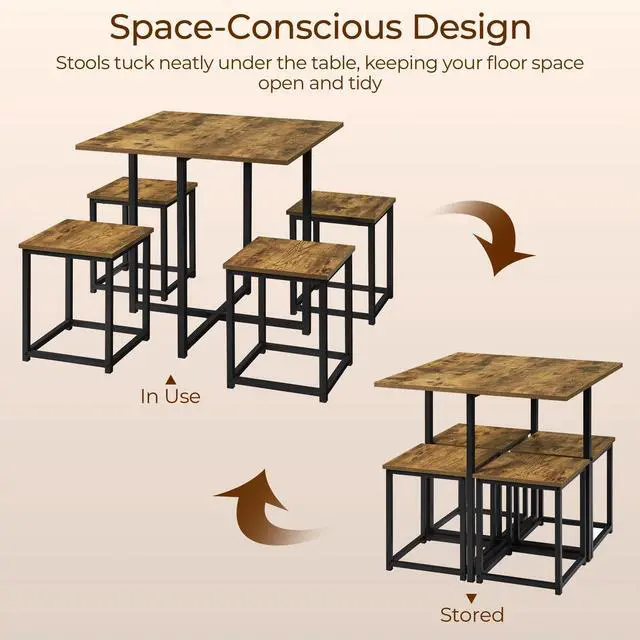 Alt view image 4 of 6 - Industrial Dining Table Set for 4 Compact Kitchen Table and 4 Stools Space Saving Home Furniture for Small Space, Rustic Brown