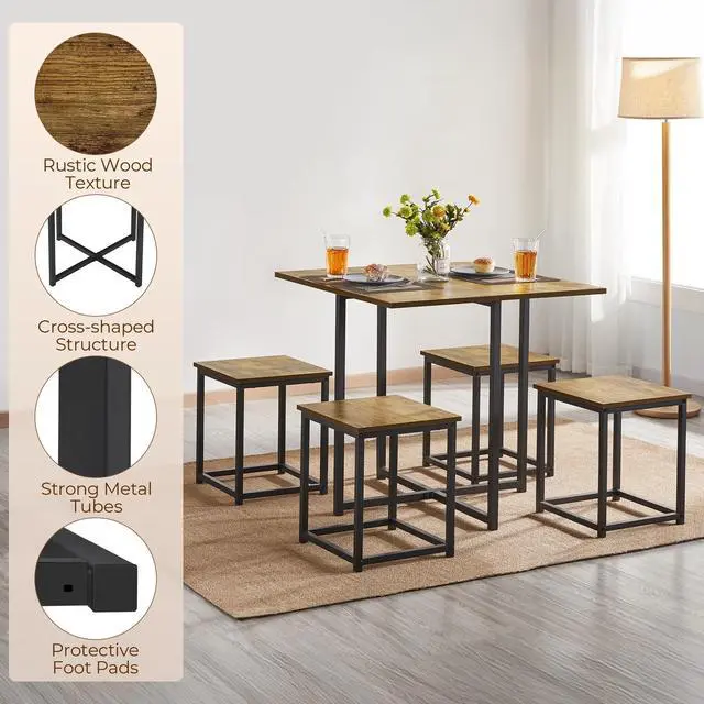 Alt view image 5 of 6 - Industrial Dining Table Set for 4 Compact Kitchen Table and 4 Stools Space Saving Home Furniture for Small Space, Rustic Brown