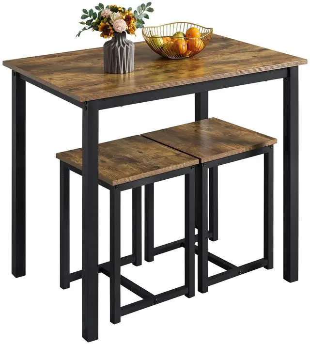 Main image of 3 Piece Dining Table Set - Kitchen Table & Chair Sets for 2 - Compact Table w/ 2 Stools & Space Saving Design for Dining/Living Room Kitchen, Rustic Brown