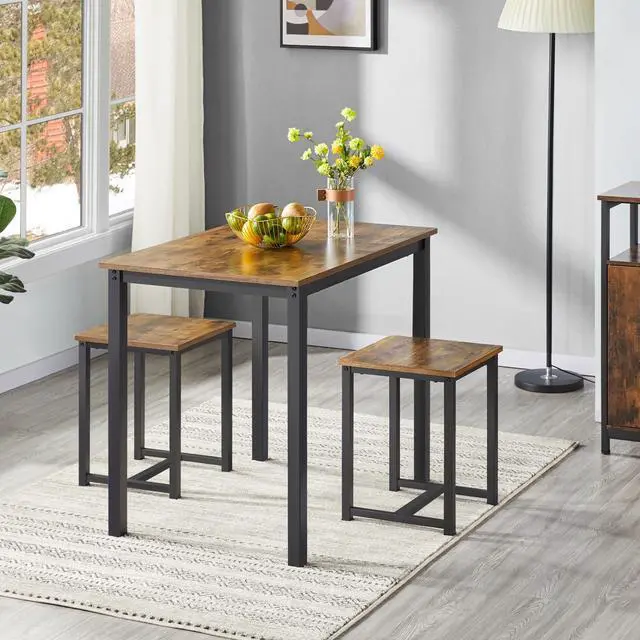 Alt view image 2 of 6 - 3 Piece Dining Table Set - Kitchen Table & Chair Sets for 2 - Compact Table w/ 2 Stools & Space Saving Design for Dining/Living Room Kitchen, Rustic Brown