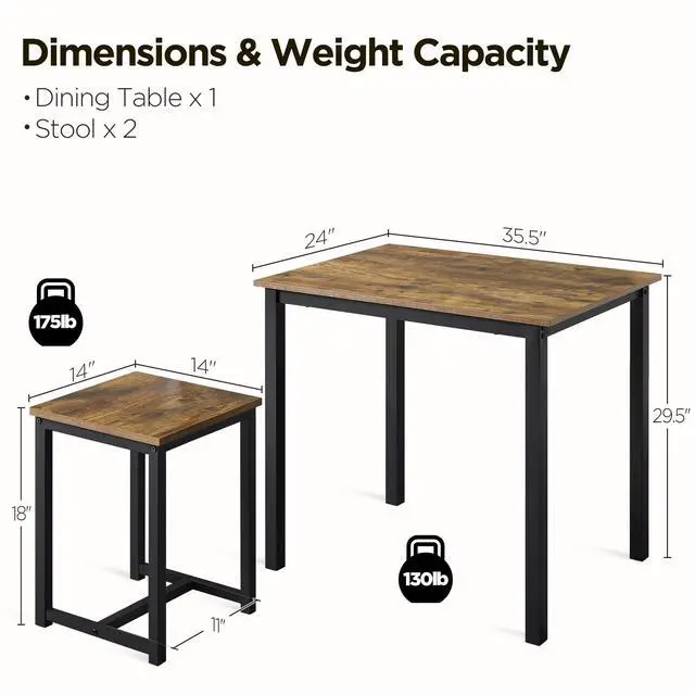Alt view image 3 of 6 - 3 Piece Dining Table Set - Kitchen Table & Chair Sets for 2 - Compact Table w/ 2 Stools & Space Saving Design for Dining/Living Room Kitchen, Rustic Brown