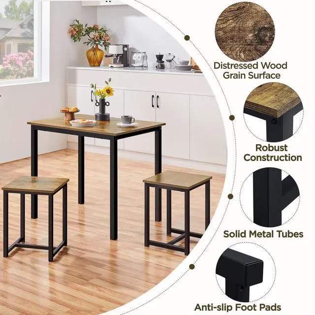 Alt view image 4 of 6 - 3 Piece Dining Table Set - Kitchen Table & Chair Sets for 2 - Compact Table w/ 2 Stools & Space Saving Design for Dining/Living Room Kitchen, Rustic Brown
