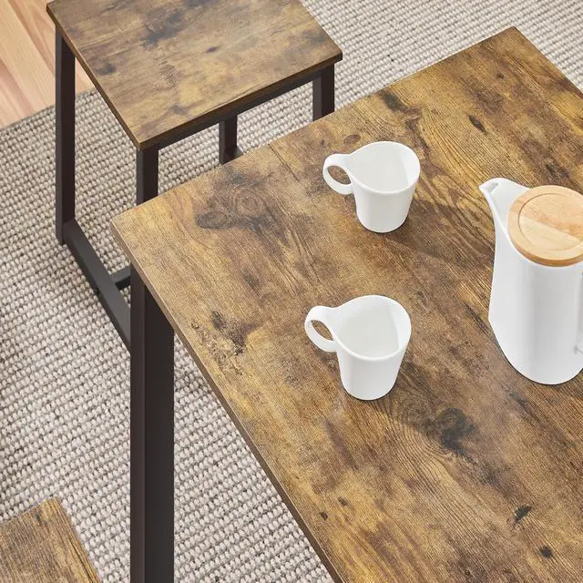 Alt view image 5 of 6 - 3 Piece Dining Table Set - Kitchen Table & Chair Sets for 2 - Compact Table w/ 2 Stools & Space Saving Design for Dining/Living Room Kitchen, Rustic Brown
