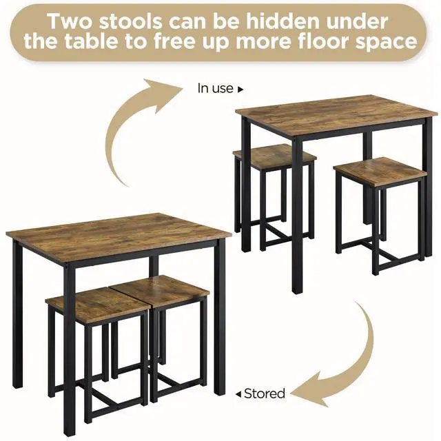 Alt view image 6 of 6 - 3 Piece Dining Table Set - Kitchen Table & Chair Sets for 2 - Compact Table w/ 2 Stools & Space Saving Design for Dining/Living Room Kitchen, Rustic Brown