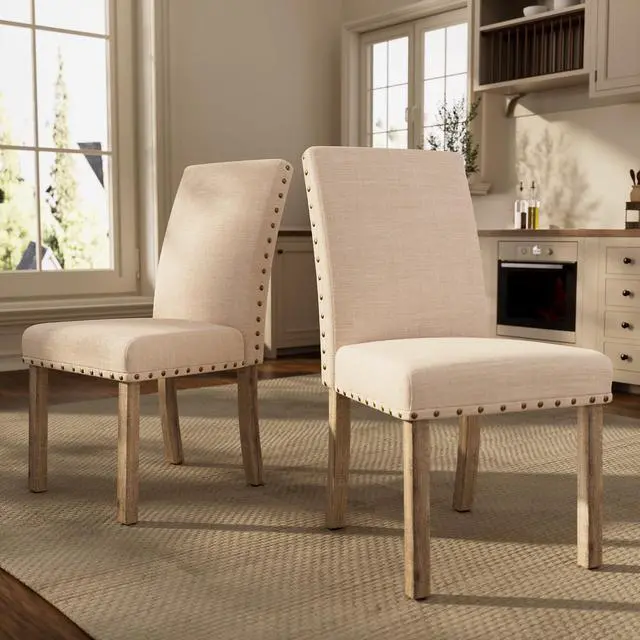 Main image of Farmhouse Style Dining Chairs Set of 2, Rustic Upholstered Kitchen & Dining Room Chairs with Rivet Detailing, Solid Wood Legs & Sturdy Wooden Chair Design for Comfortable Seating