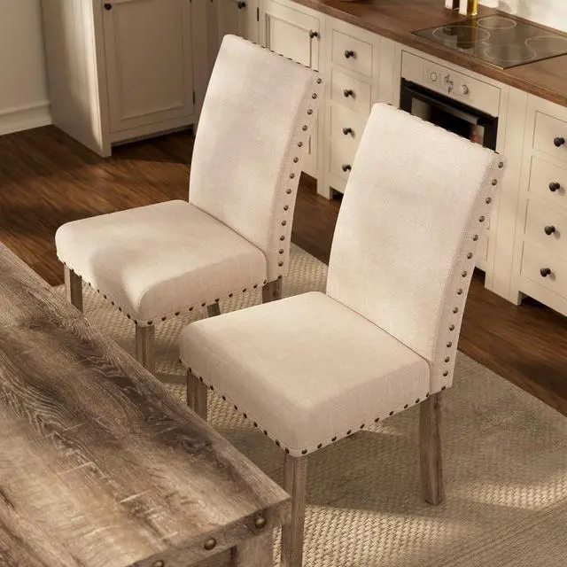 Alt view image 2 of 6 - Farmhouse Style Dining Chairs Set of 2, Rustic Upholstered Kitchen & Dining Room Chairs with Rivet Detailing, Solid Wood Legs & Sturdy Wooden Chair Design for Comfortable Seating