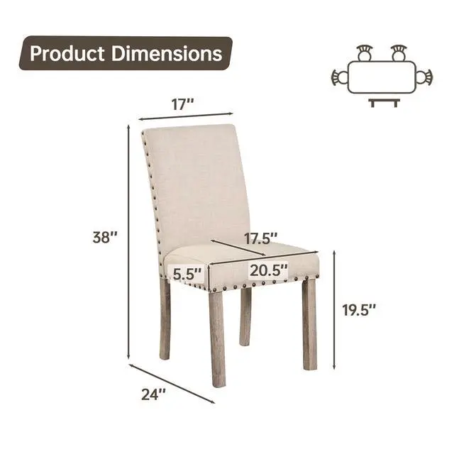 Alt view image 3 of 6 - Farmhouse Style Dining Chairs Set of 2, Rustic Upholstered Kitchen & Dining Room Chairs with Rivet Detailing, Solid Wood Legs & Sturdy Wooden Chair Design for Comfortable Seating