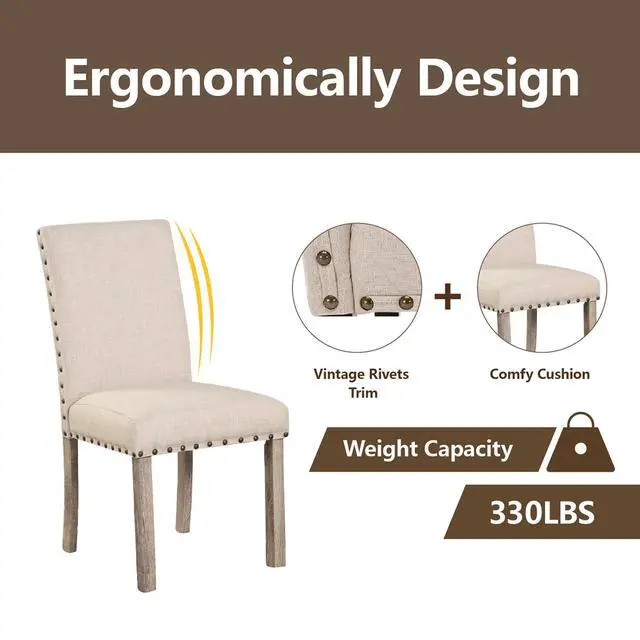 Alt view image 4 of 6 - Farmhouse Style Dining Chairs Set of 2, Rustic Upholstered Kitchen & Dining Room Chairs with Rivet Detailing, Solid Wood Legs & Sturdy Wooden Chair Design for Comfortable Seating